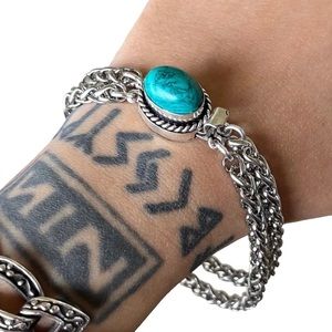 Genuine blue turquoise gemstone stainless steel double chain boho bracelet